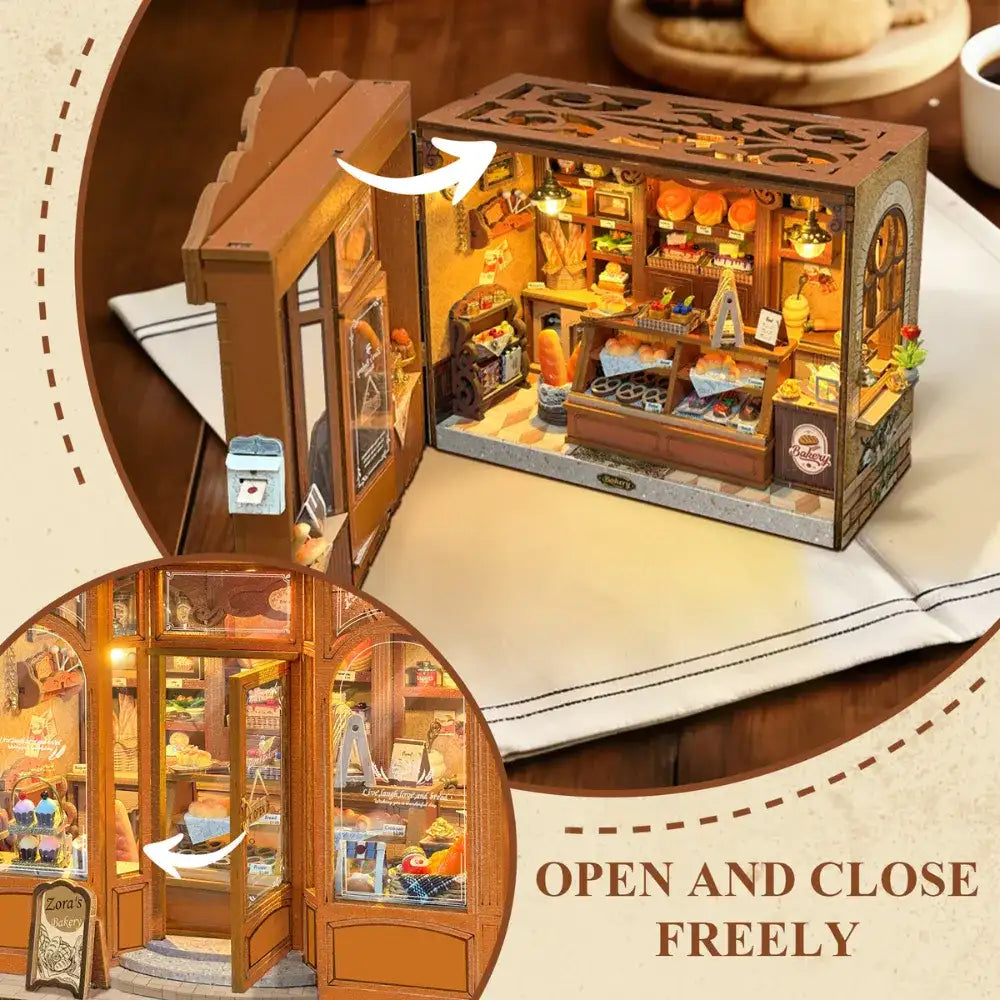 Zora's Bakery front panel opened to reveal the miniature baking interior.