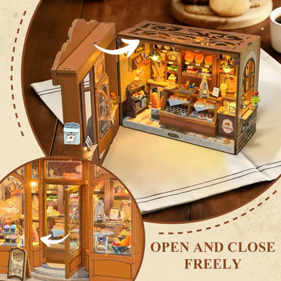 Zora's Bakery front panel opened to reveal the miniature baking interior.