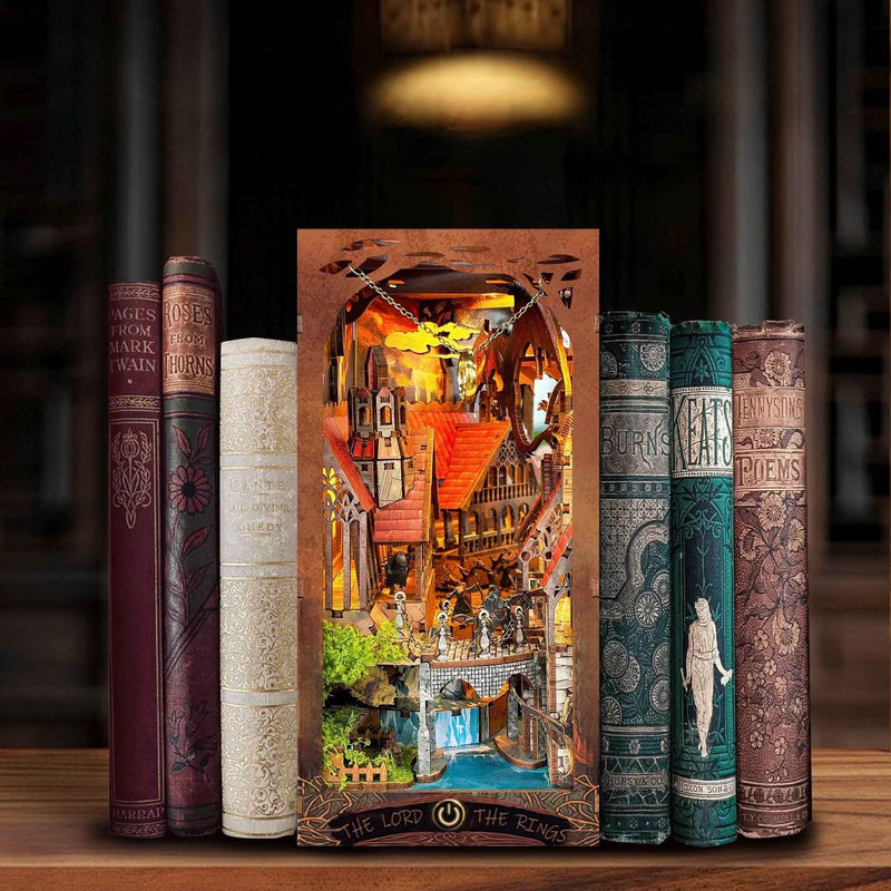 Fantasy-themed DIY book nook kit inspired by Lord of the Rings with misty valley scene